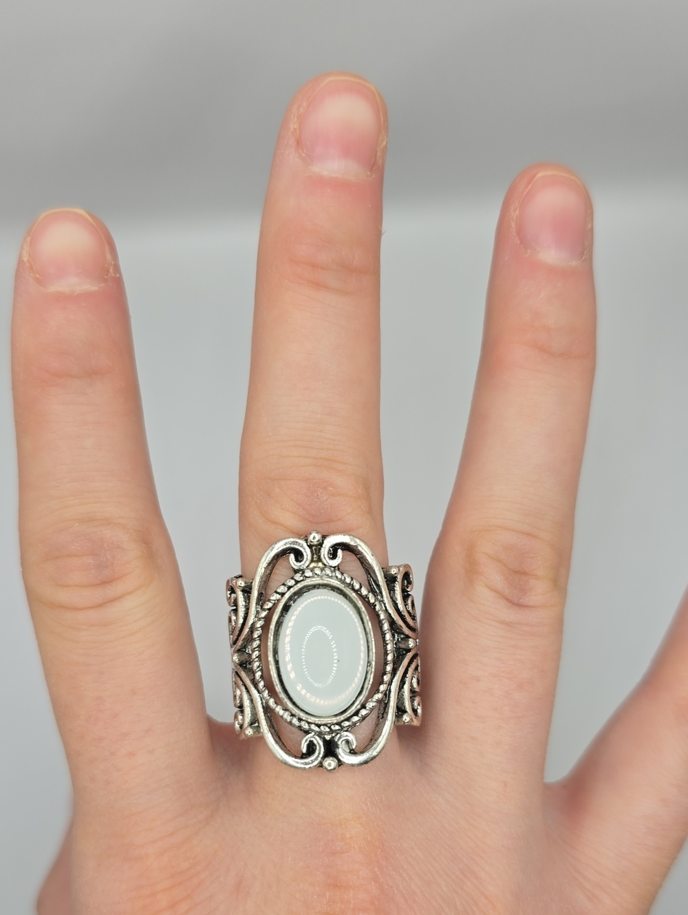 Sterling-Style Oval White Stone Filigree Ring - Women Jewelry